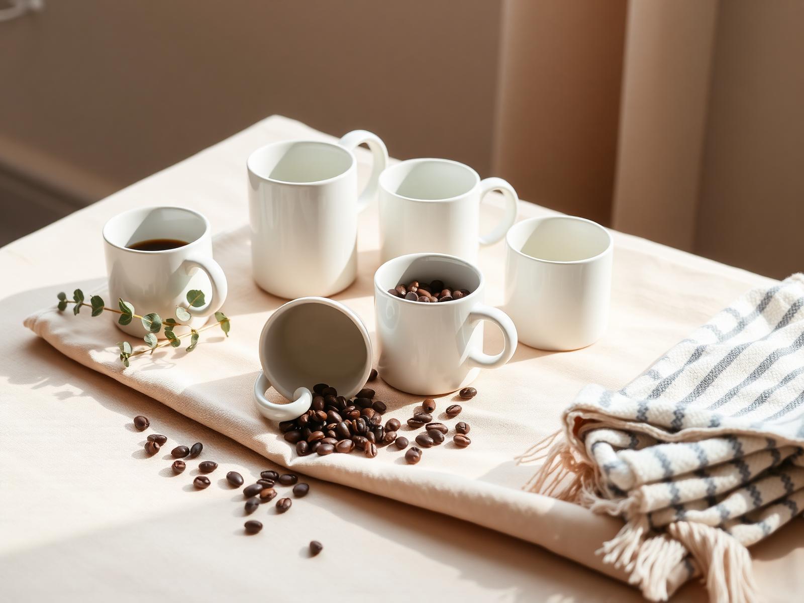 An editorial arrangement of white ceramic coffee mugs, spilled coffee beans, eucalyptus, and a striped linen towel styled as a funny coffee mug gift for husband