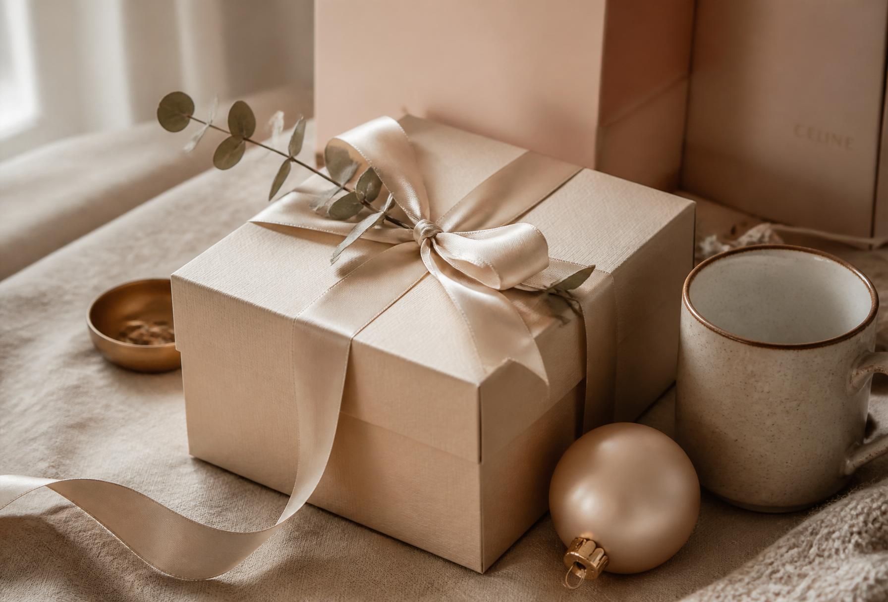 A satin-ribboned cream gift box with eucalyptus, a small ceramic mug, and a champagne ornament in soft window light