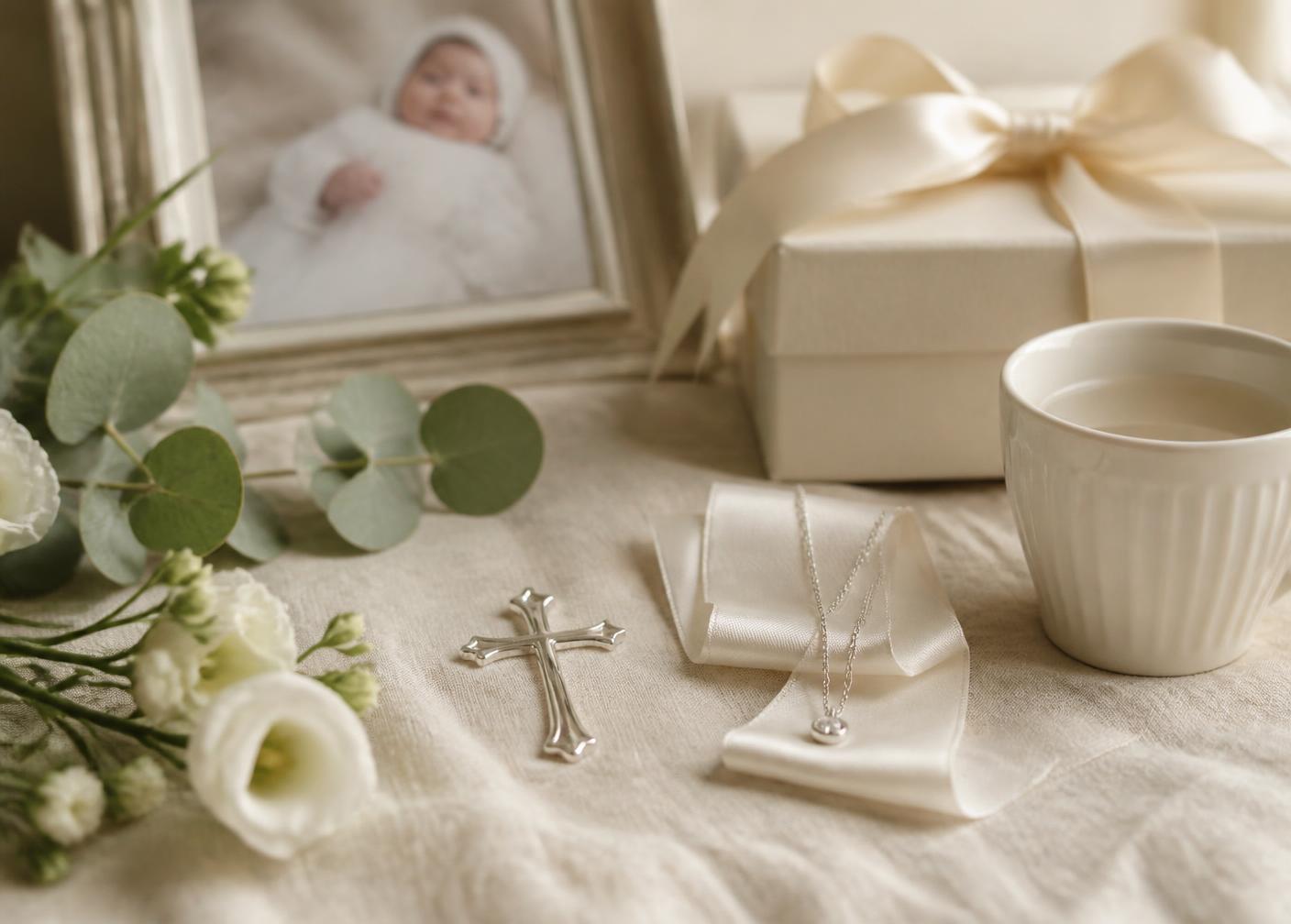 A silver cross and a delicate silver necklace on cream ribbon beside a framed christening photo, a white mug, eucalyptus, and a cream gift box tied with a satin bow