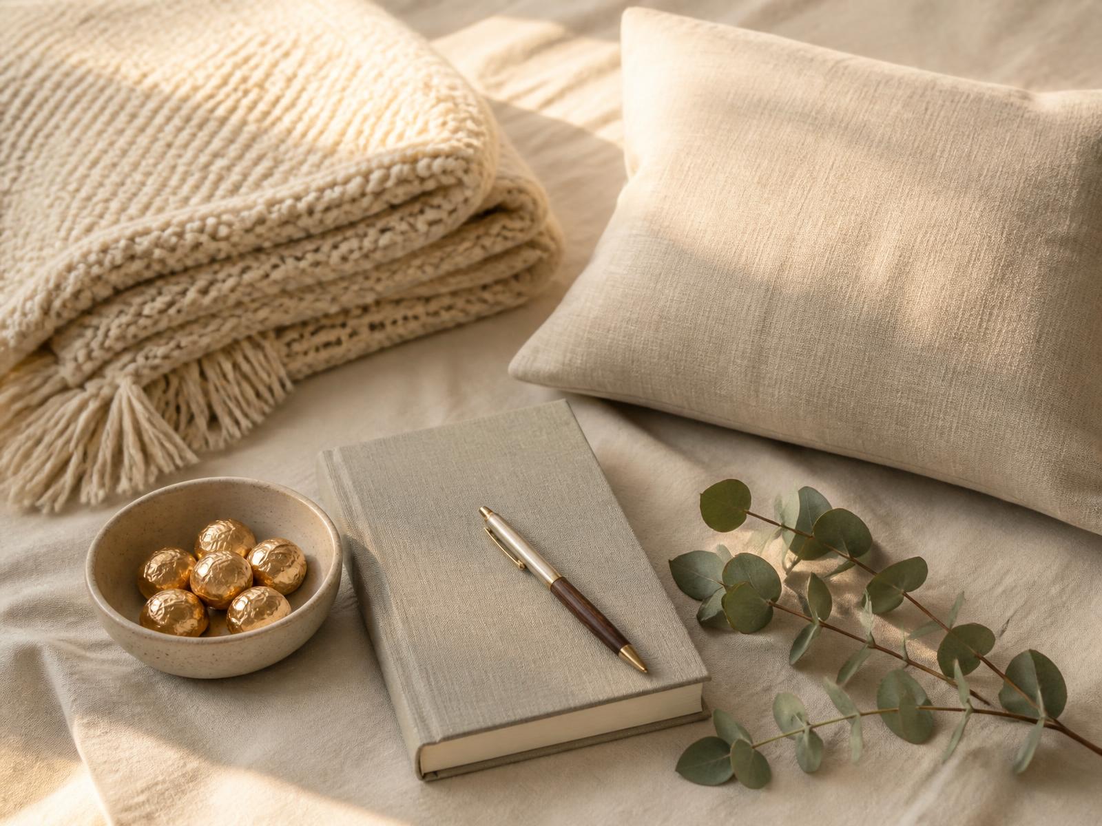 Editorial flat-lay of grandparent gift ideas including a folded cream knit throw, a linen pillow, a hardcover journal with a pen, a bowl of gold-wrapped candies and a sprig of eucalyptus on cream linen