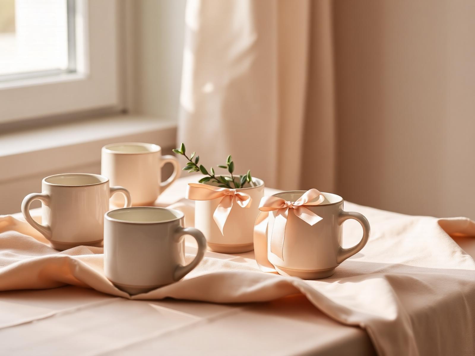 An editorial arrangement of curated ceramic mug gifts tied with satin ribbon on cream linen in soft window light