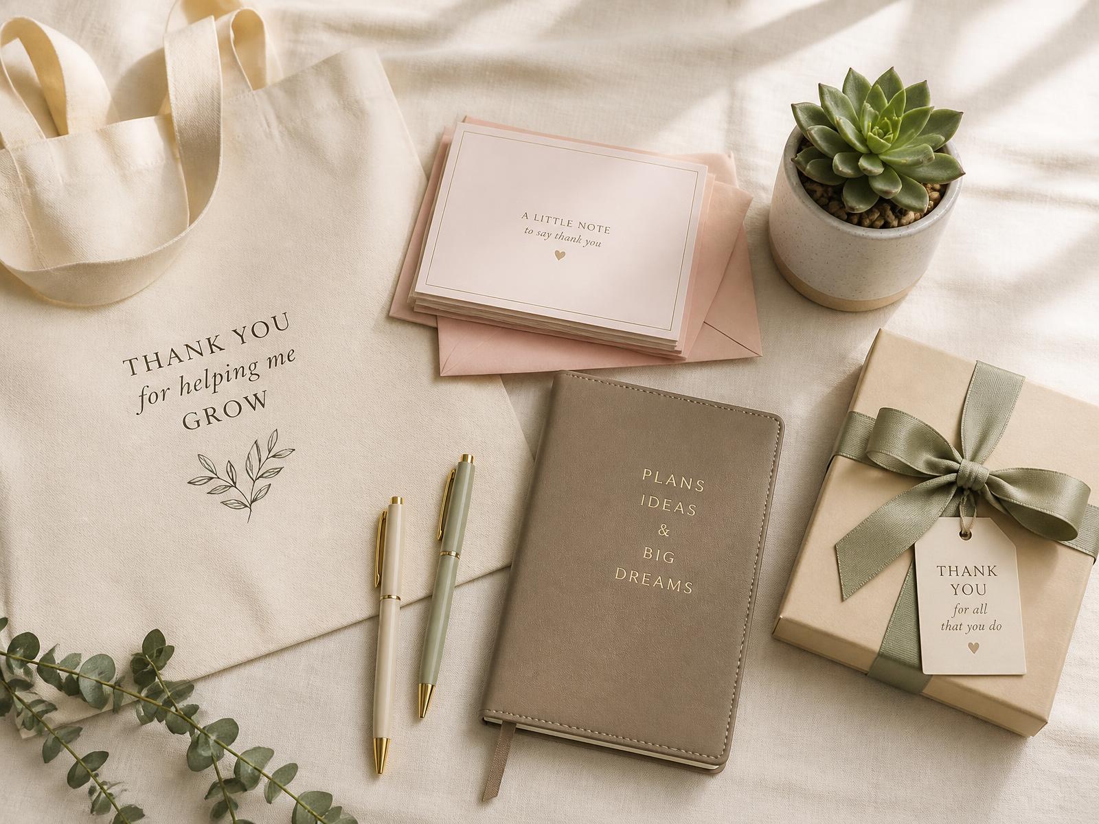 Editorial flat-lay of non-food teacher gifts including a canvas tote bag, personalized note cards, two pens, a small succulent, a faux leather journal, and a ribbon-tied gift box on cream linen