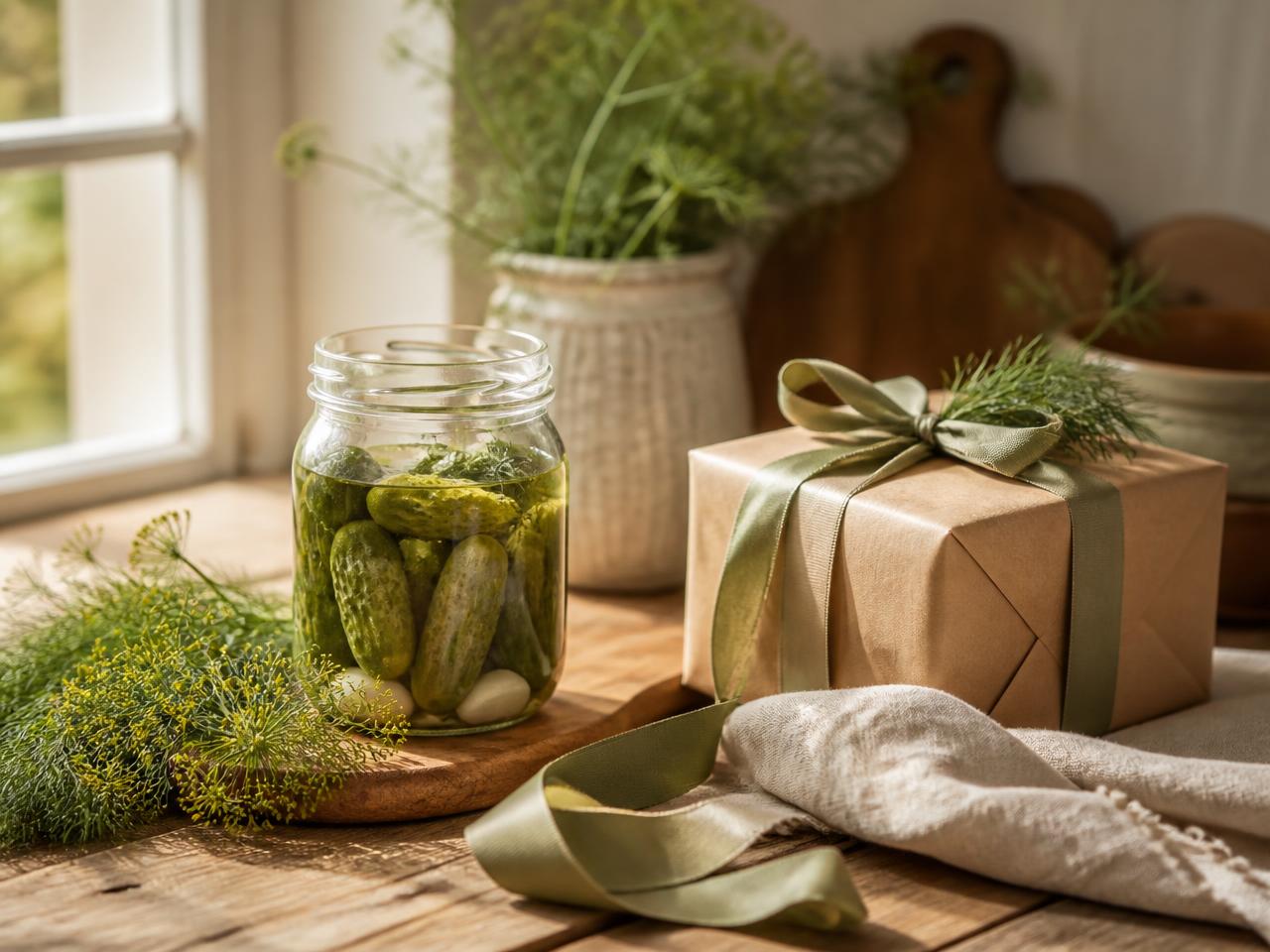 A jar of dill pickles with fresh dill and a kraft paper gift box tied with sage green ribbon on a wooden counter