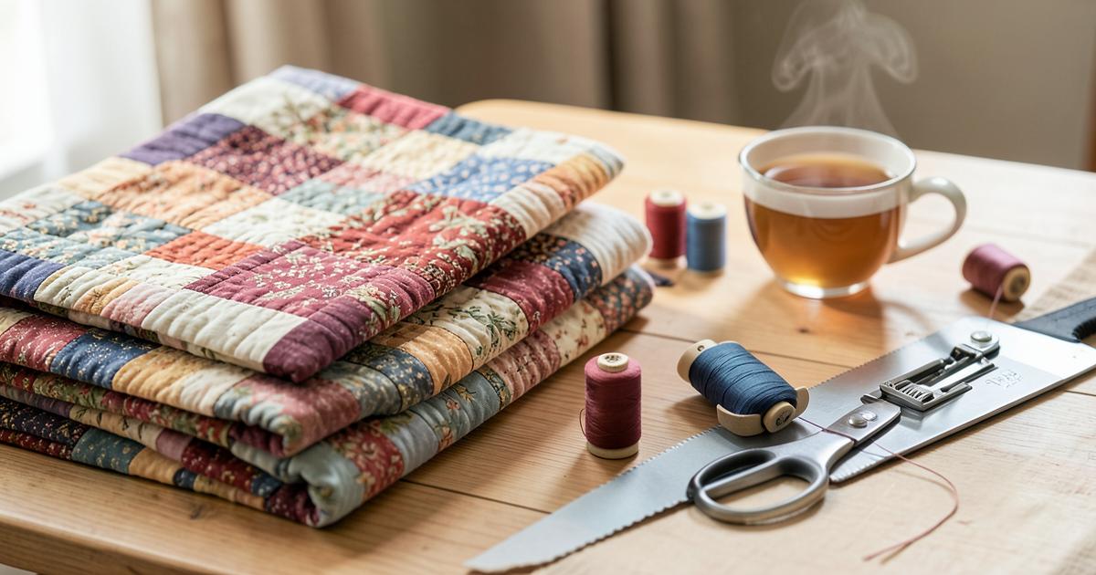 Folded colorful patchwork quilts, spools of thread, scissors, and a cup of tea on a wooden table