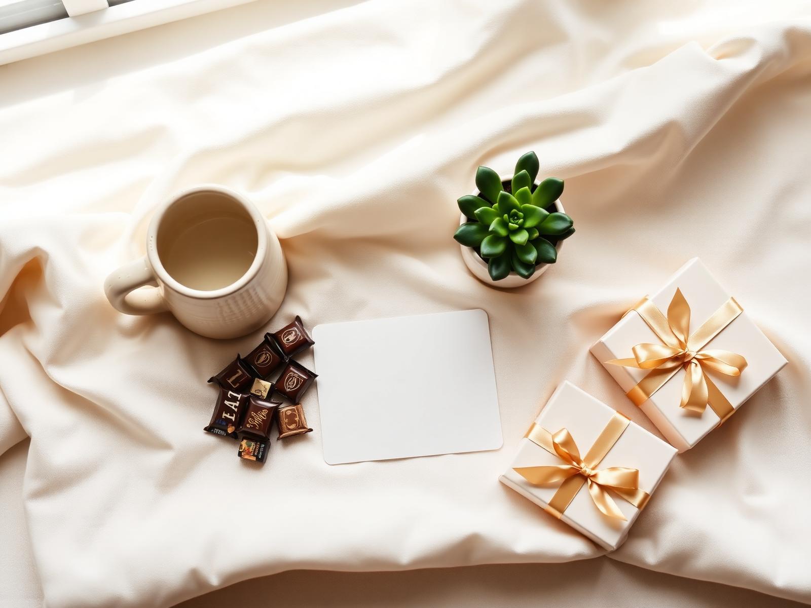 An editorial arrangement of teacher gift ideas including a stoneware mug, a small succulent, wrapped chocolates, a blank note card, and gold-ribbon gift boxes on cream linen in soft window light