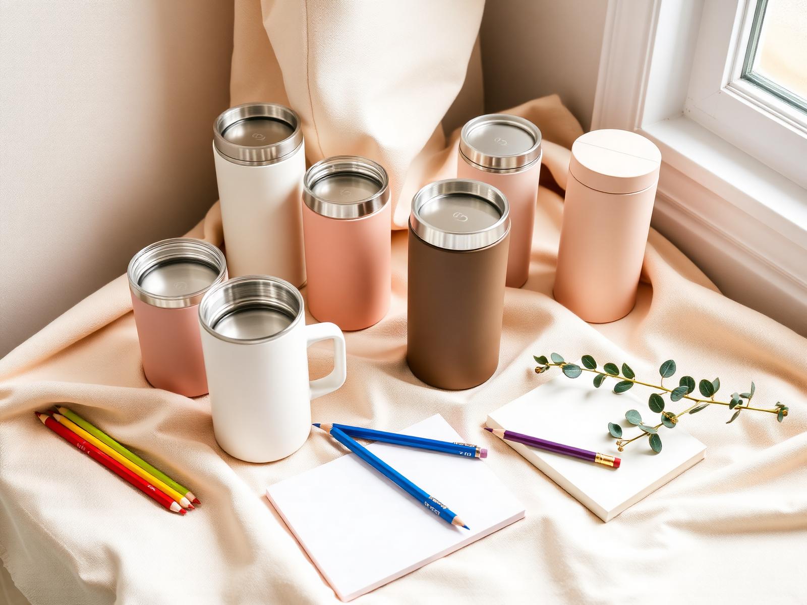 Editorial arrangement of curated teacher travel mug gifts and insulated tumblers styled on cream linen with colorful pencils, a small notepad, and a sprig of eucalyptus in soft window light