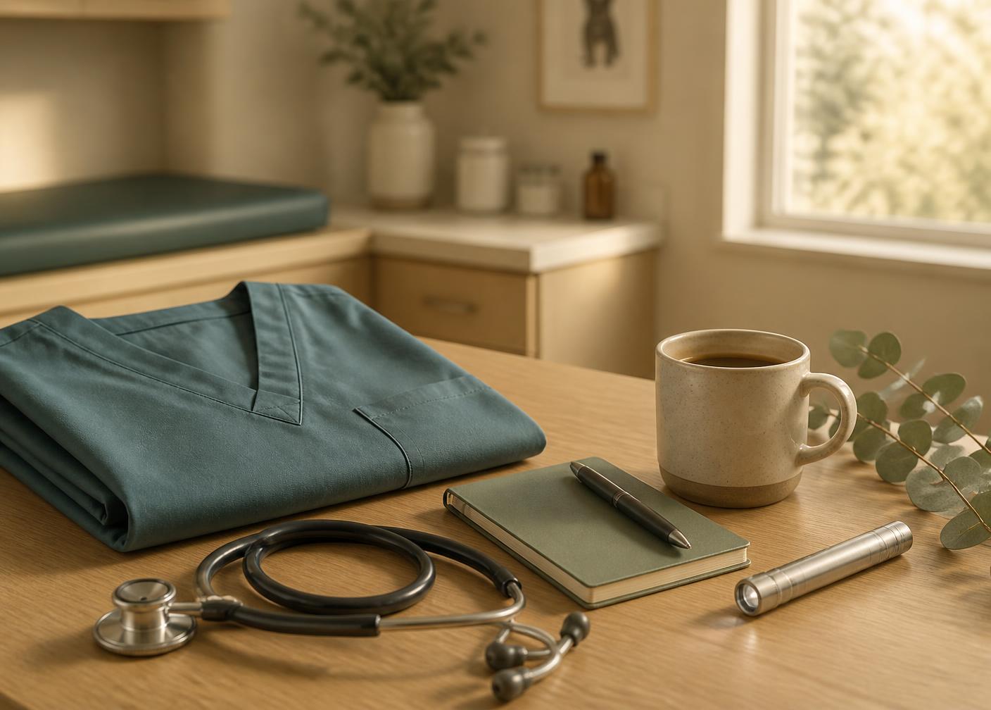 Editorial still life in a veterinary exam room with a folded teal scrub top, a stethoscope, a sage notebook and pen, a stoneware mug of coffee, a metal penlight and a eucalyptus sprig on a light wood counter