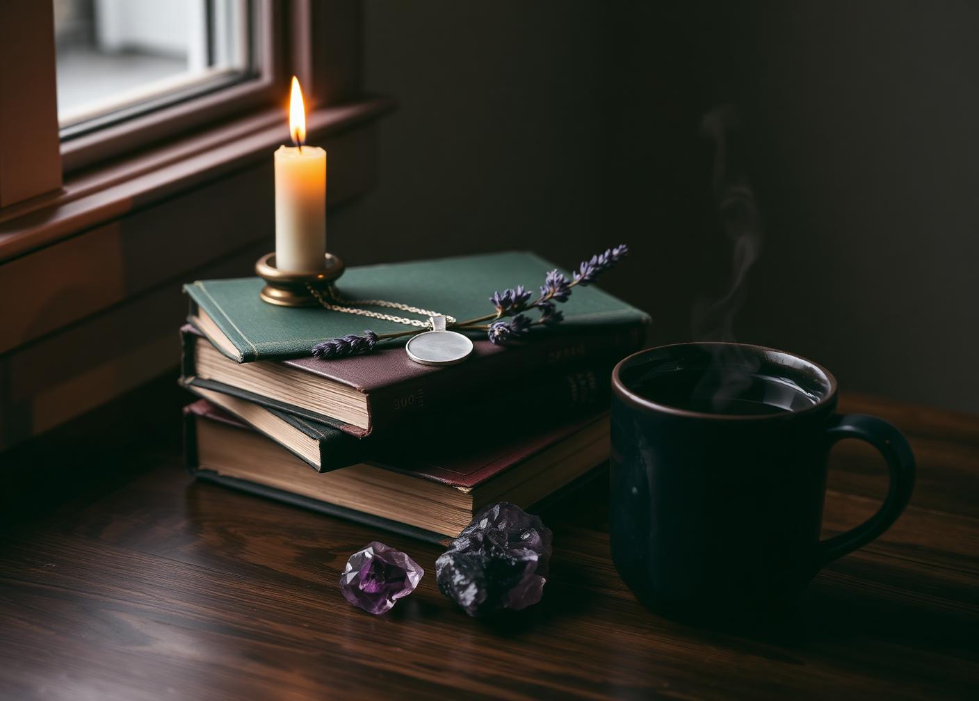 A lit taper candle in a brass holder and a silver moon pendant resting on a stack of old books beside dried lavender, amethyst crystals, and a steaming dark ceramic mug of tea