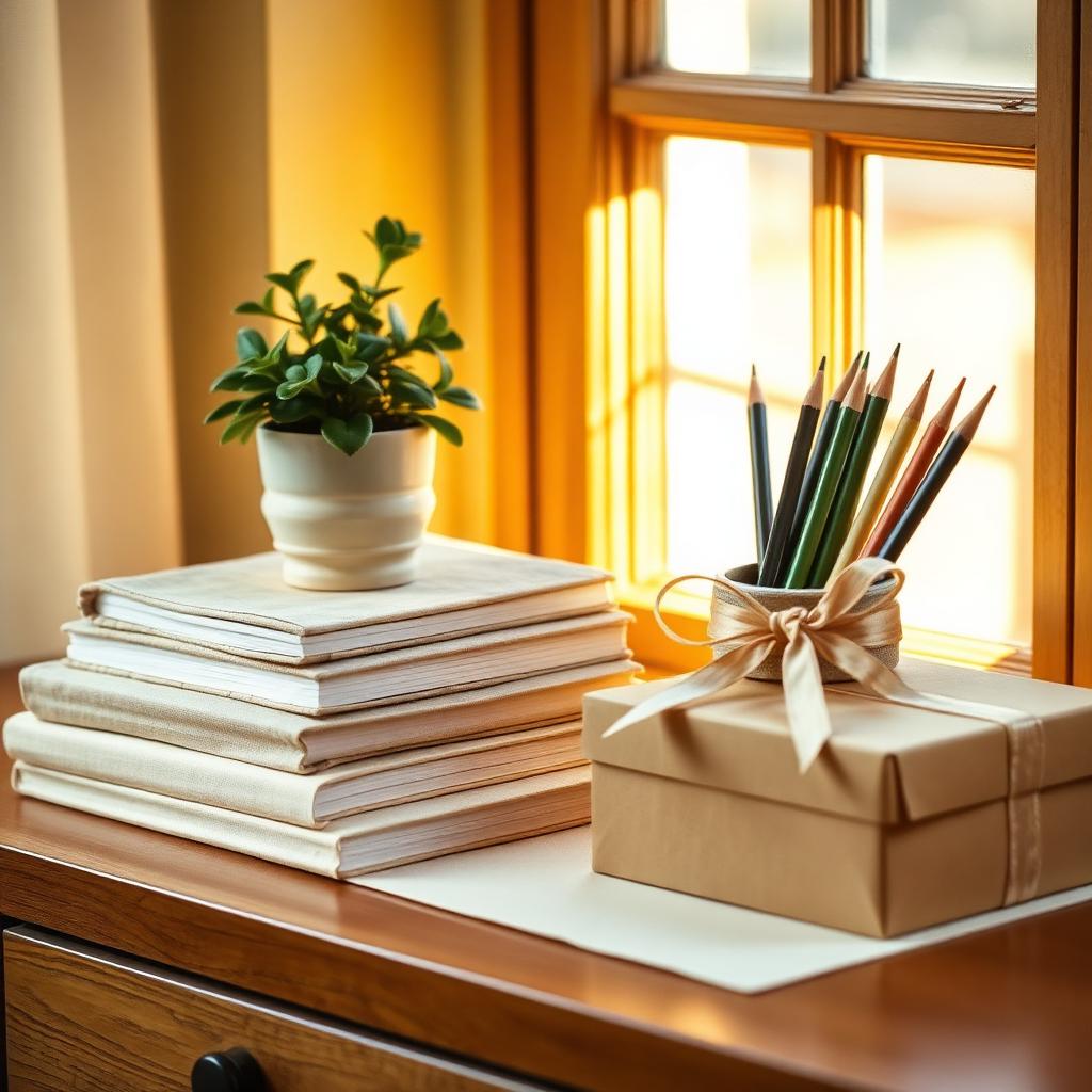 A stack of linen-bound notebooks, a small potted plant, colored pencils and a ribbon-tied gift box on a wooden desk